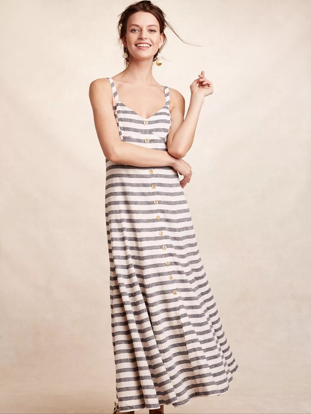 Anthropology Maeve Black and White Striped Button-Front Midi Dress